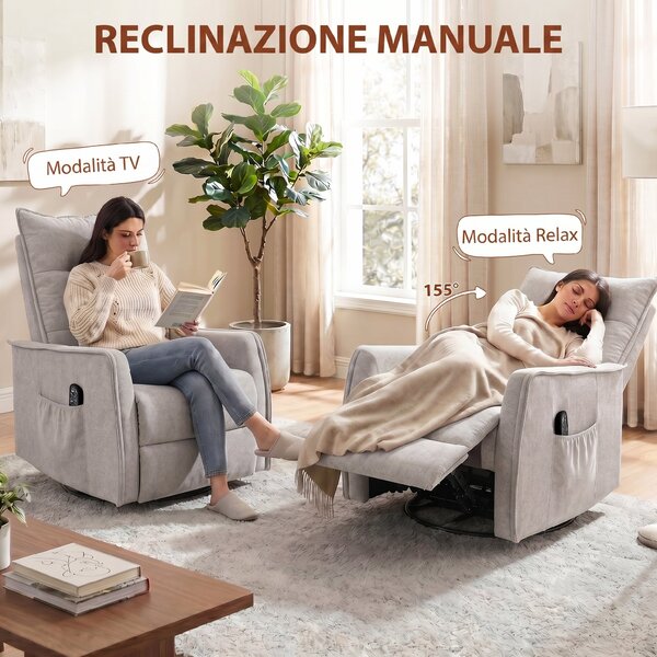 HOMCOM Poltrona Massaggiante Reclinabile Riscaldante Girevole in Ciniglia con Poggiapiedi e Telecomando, Grigio Chiaro | Aosom Italy