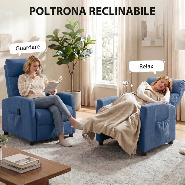 HOMCOM Poltrona Massaggiante Reclinabile Manuale 160° in Ciniglia con Poggiapiedi, Telecomando, Tasche, Blu Scuro | Aosom Italy