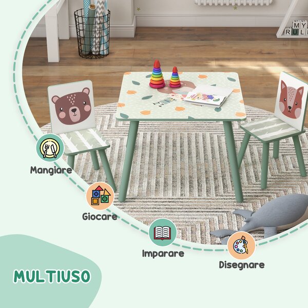 ZONEKIZ Set Tavolino e 2 Sedie per Bambini 3-8 Anni, materiali certificati e i bordi arrotondati, in MDF e Legno di Pino, Verde|Aosom Italy