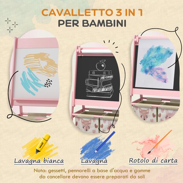 AIYAPLAY Lavagna per Bambini con Cavalletto 3 in 1 e 2 Contenitori, Età 3-8 anni, 54x46.5x93cm, Rosa|Aosom