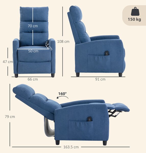 HOMCOM Poltrona Massaggiante Reclinabile Manuale 160° in Ciniglia con Poggiapiedi, Telecomando, Tasche, Blu Scuro | Aosom Italy