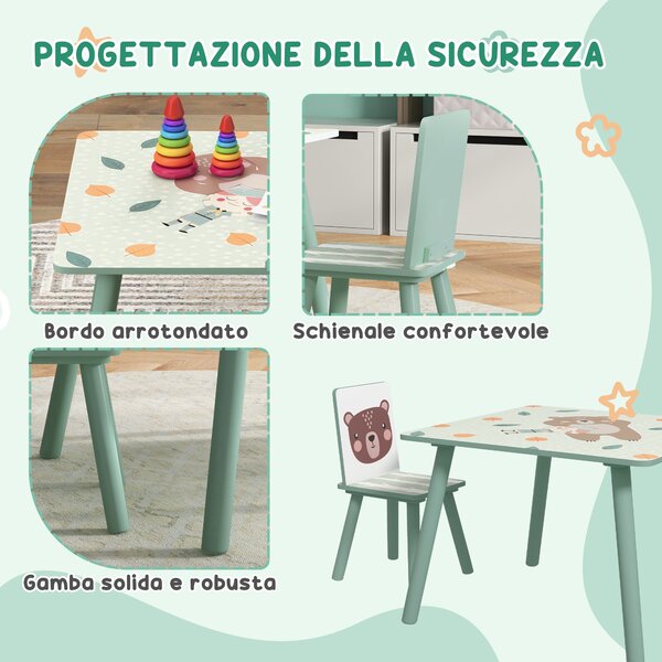 ZONEKIZ Set Tavolino e 2 Sedie per Bambini 3-8 Anni, materiali certificati e i bordi arrotondati, in MDF e Legno di Pino, Verde|Aosom Italy