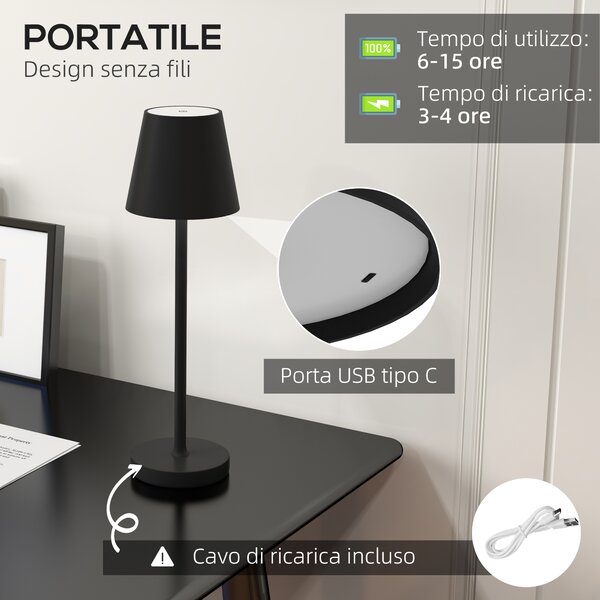HOMCOM Lampada da Tavolo Portatile in Acrilico e Metallo da 3600mAh con Cavo di Ricarica, Ø11.2x36.5 cm, Nero|Aosom