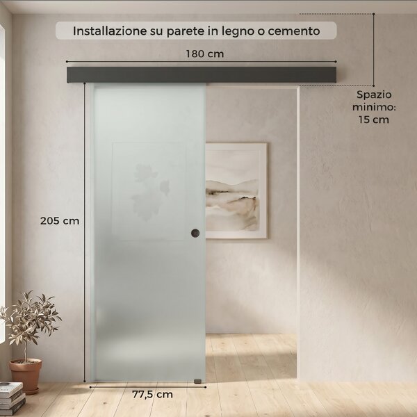 HOMCOM Porta Scorrevole Interna in Vetro Temperato Sabbiato con Binario Silenzioso, Guida, Kit Ferramenta, Trasparente | Aosom Italy
