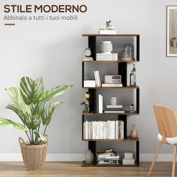 HOMCOM Libreria Moderna Asimmetrica a Parete con 5 Ripiani in Legno, 70x29.5x163cm, Marrone Rustico|Aosom