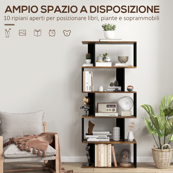 HOMCOM Libreria Moderna Asimmetrica a Parete con 5 Ripiani in Legno, 70x29.5x163cm, Marrone Rustico|Aosom