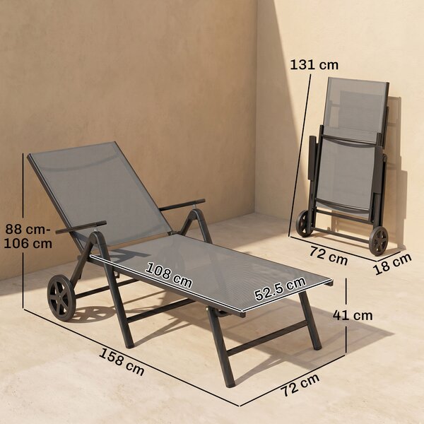 Outsunny Lettino Sdraio Pieghevole e Reclinabile in 5 Posizioni con Rotelle, in Metallo e Textilene, 72x158x84 cm, Grigio