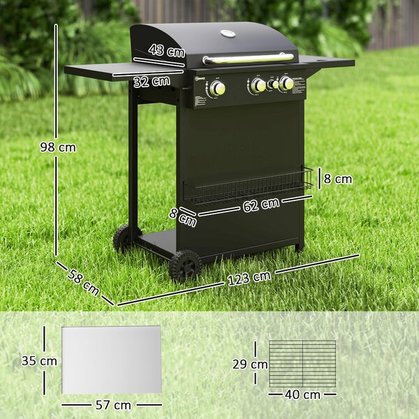 Outsunny Barbecue a Gas con Bruciatori Indipendenti, Coperchio con Termometro e Tavolino Laterale, Nero