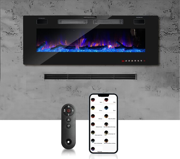TolleTour caminetto elettrico da parete caminetto elettrico con riscaldamento 12 modalità di colore effetto fiamma LED, 750/1500 W caminetto stufa da parete e da incasso caminetto da parete riscaldamento funzione app telecomando touch screen, nero