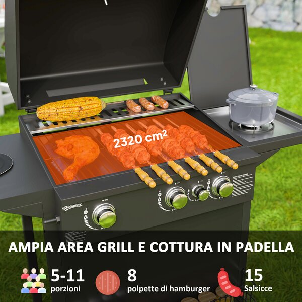 Outsunny Barbecue a Gas con Bruciatori Indipendenti, Coperchio con Termometro e Tavolino Laterale, Nero