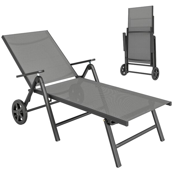 Outsunny Lettino Sdraio Pieghevole e Reclinabile in 5 Posizioni con Rotelle, in Metallo e Textilene, 72x158x84 cm, Grigio