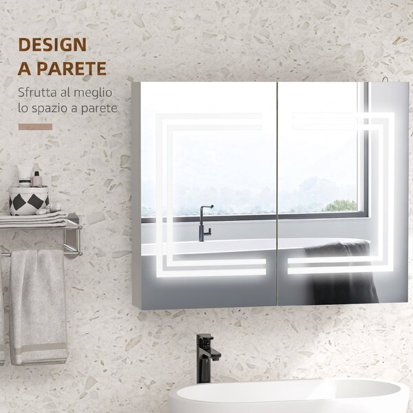 Kleankin Specchio Bagno Contenitore con Luce LED, 80 x 65cm Mobile Bagno con Specchio, Anta Soft Close, Dimmerabile a 3 Colori, Ripiani Regolabili, Bianco Lucido | Aosom Italy
