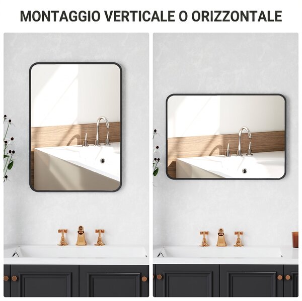 HOMCOM Specchio Bagno con Cornice in Metallo e Gancio, 50x2.5x70 cm, Nero | Aosom Italy