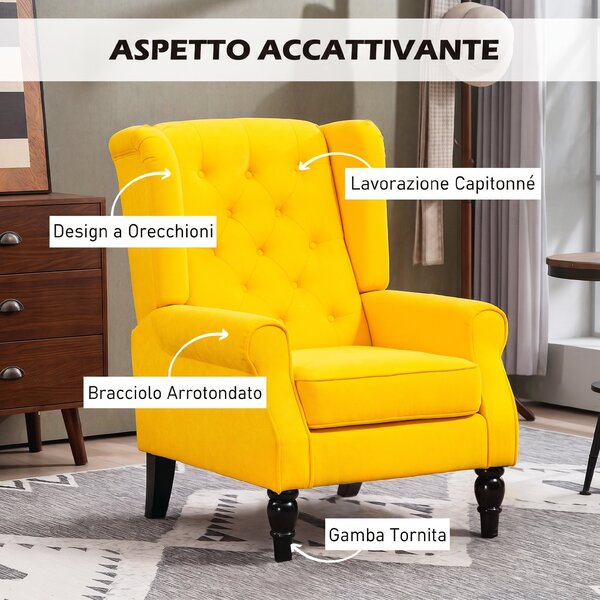 HOMCOM Poltrona Camera da Letto in Stile Francese con Ampia Seduta e Gambe in Legno per Soggiorno e Ufficio, Giallo | Aosom Italy