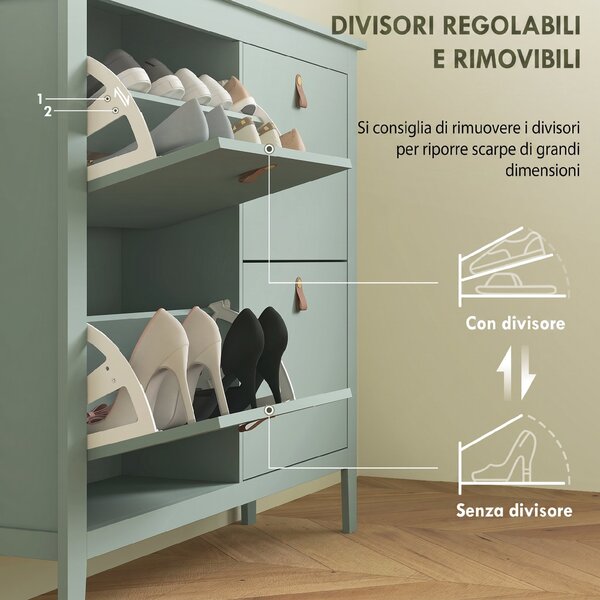 HOMCOM Scarpiera Slim 4 Cassetti per 20 Paia di Scarpe Taglia EU44 e Ripiani Regolabili, 105x24x95.5cm, Verde | Aosom Italy