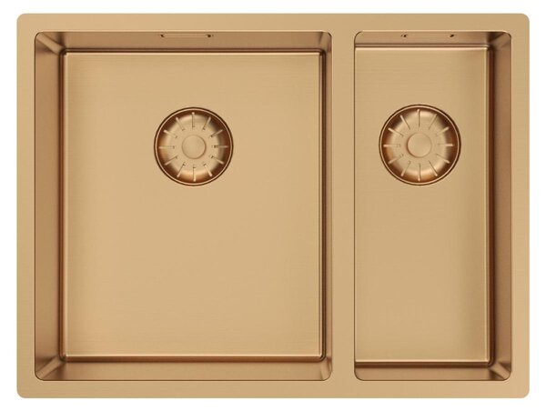 Lavello Pure.Sink Comfort 1,5 (un lavello e mezzo) con rivestimento PVD in rame rosa, dimensioni 34+18 cm, con vasca grande a sinistra, modello PCM341840-62