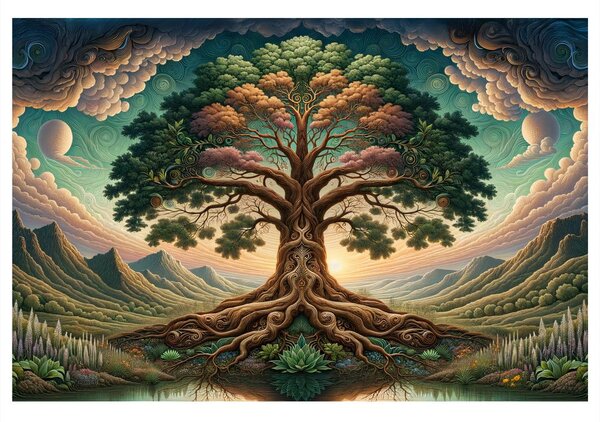 Quadro su tela – Maestoso albero della vita tra le montagne