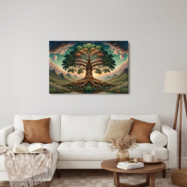 Quadro su tela – Maestoso albero della vita tra le montagne