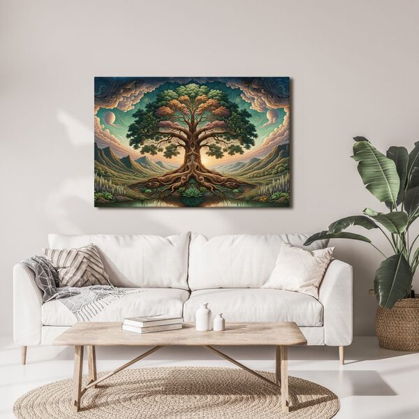Quadro su tela – Maestoso albero della vita tra le montagne