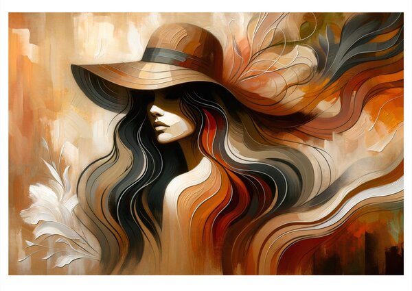 Quadro su tela – Donna con cappello in toni autunnali