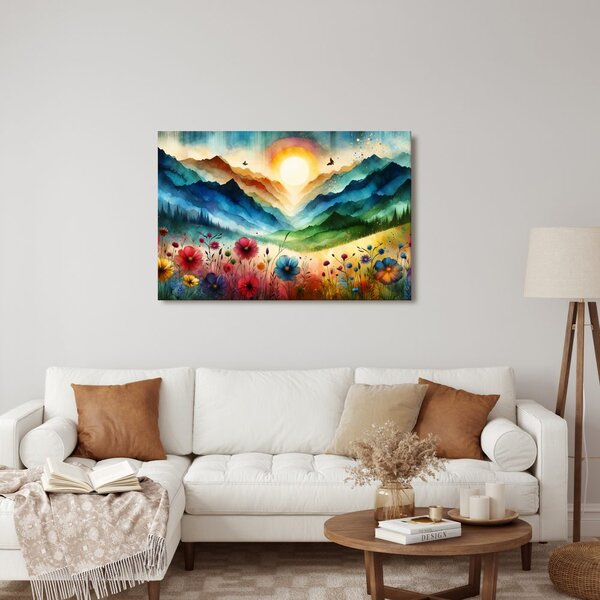 Quadro su tela – Montagne in colori arcobaleno con prato