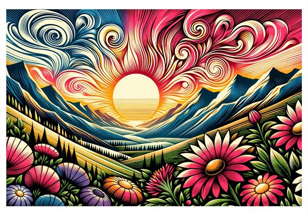 Quadro su tela – Paesaggio luminoso con fiori e sole