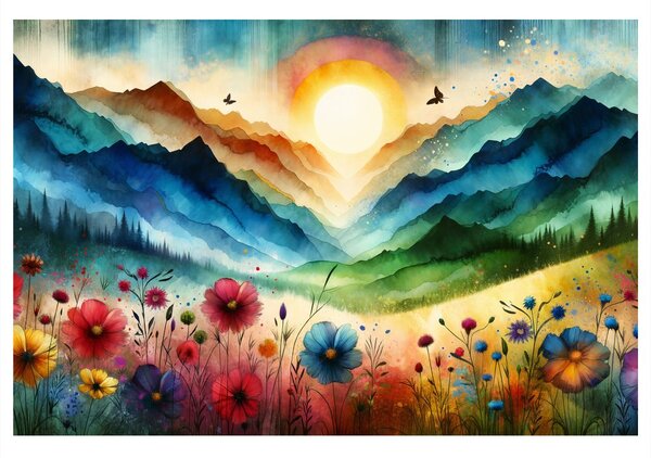 Quadro su tela – Montagne in colori arcobaleno con prato