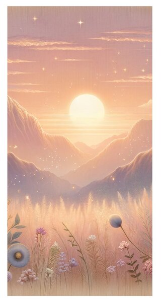 Quadro su tela – Montagne, fiori e sole al tramonto