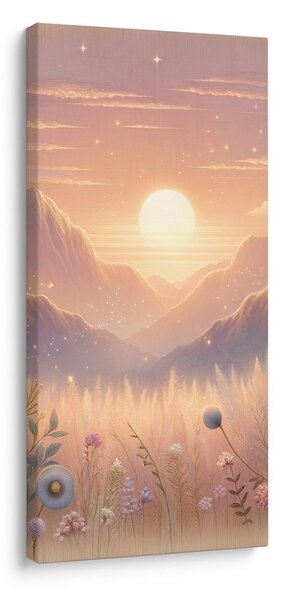 Quadro su tela – Montagne, fiori e sole al tramonto