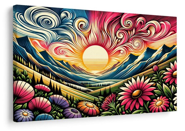 Quadro su tela – Paesaggio luminoso con fiori e sole