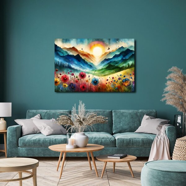 Quadro su tela – Montagne in colori arcobaleno con prato