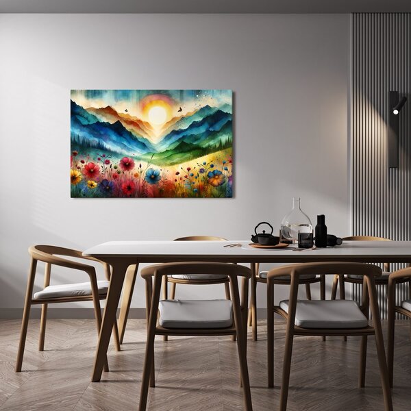 Quadro su tela – Montagne in colori arcobaleno con prato