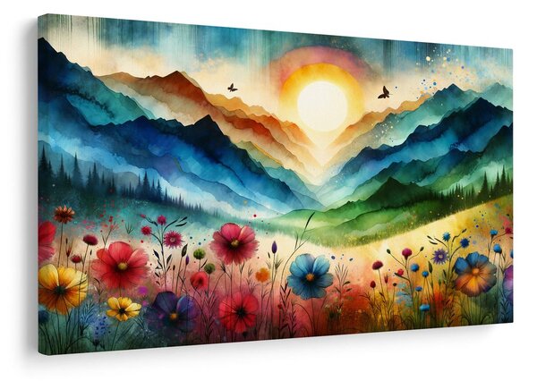 Quadro su tela – Montagne in colori arcobaleno con prato