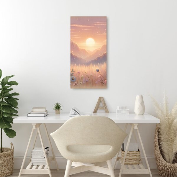 Quadro su tela – Montagne, fiori e sole al tramonto