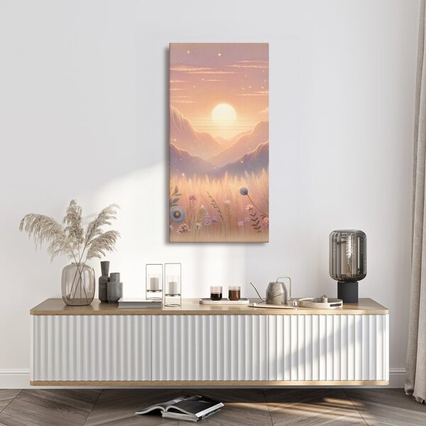 Quadro su tela – Montagne, fiori e sole al tramonto