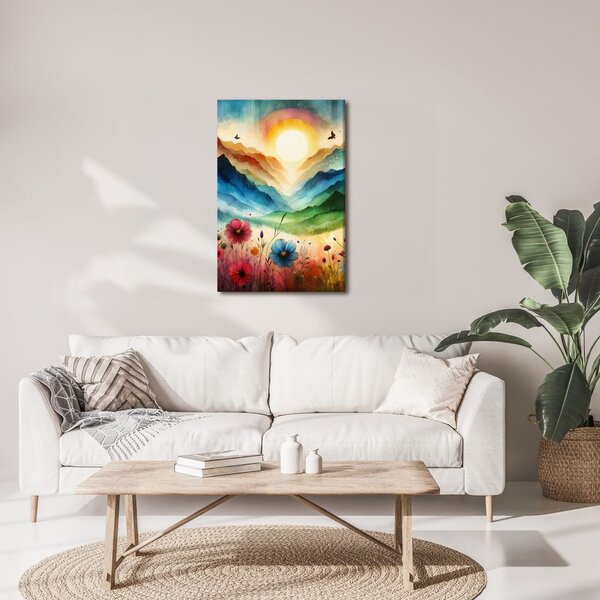 Quadro su tela – Paesaggio fiabesco con fiori e sole