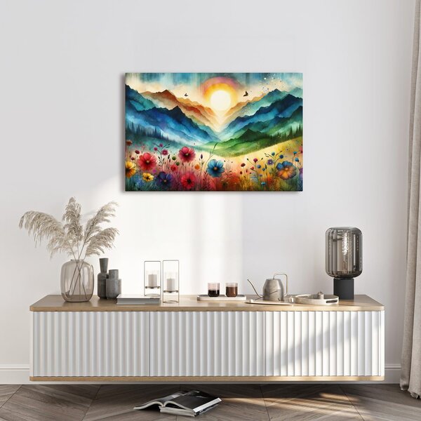 Quadro su tela – Montagne in colori arcobaleno con prato