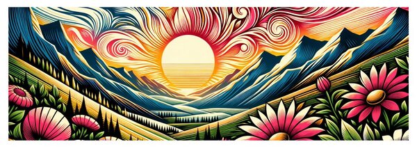 Quadro su tela – Paesaggio solare con fiori e montagne