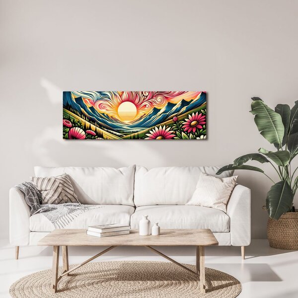 Quadro su tela – Paesaggio solare con fiori e montagne