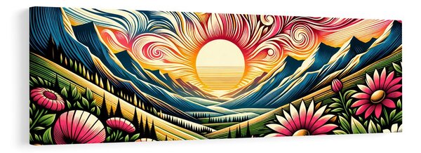Quadro su tela – Paesaggio solare con fiori e montagne
