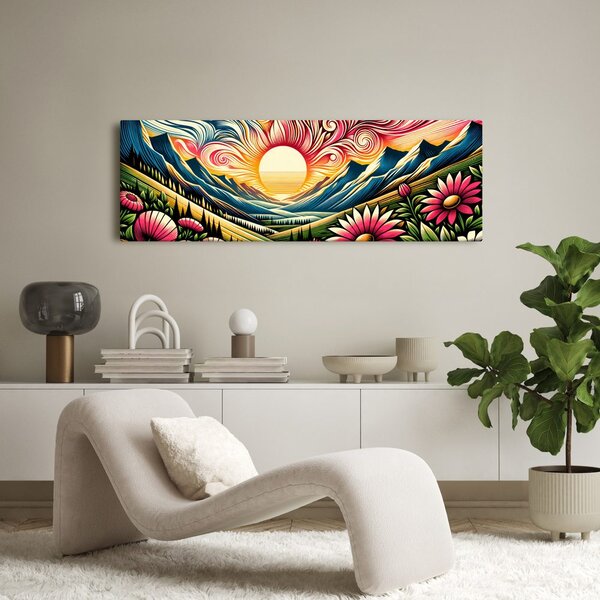 Quadro su tela – Paesaggio solare con fiori e montagne