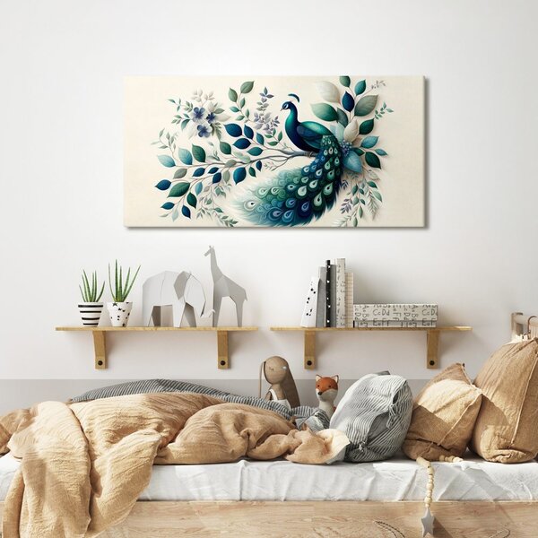 Quadro su tela – Pavone blu in composizione floreale