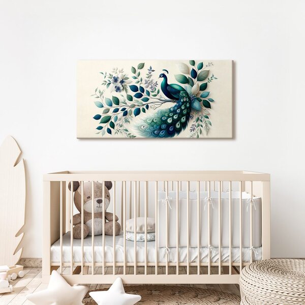 Quadro su tela – Pavone blu in composizione floreale