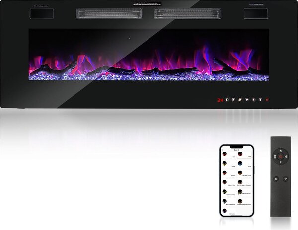 Caminetto elettrico Bettizia 750W/1500W da 50 pollici - Fuoco d'atmosfera effetto fiamma 3D - Protezione da surriscaldamento Incluso telecomando e app di controllo