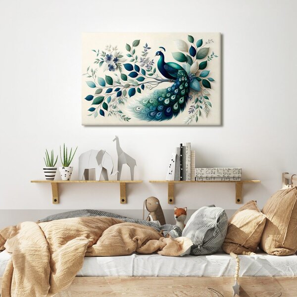 Quadro su tela – Pavone elegante tra le foglie