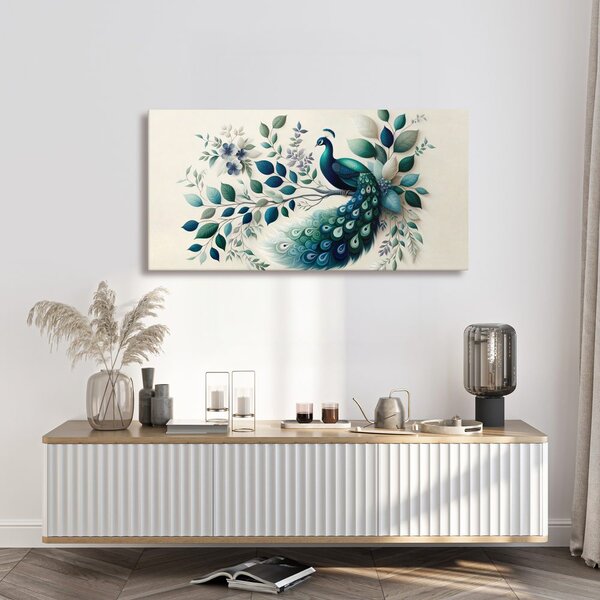 Quadro su tela – Pavone blu in composizione floreale