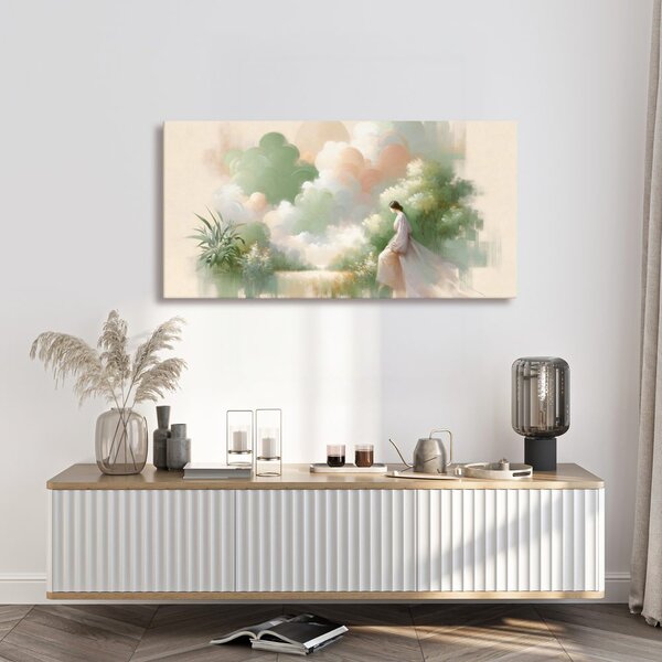 Quadro su tela – Donna sognante in toni pastello