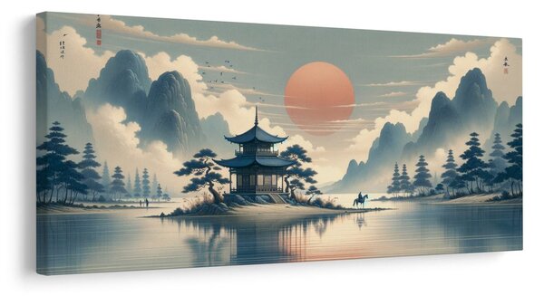 Quadro su tela – Cavaliere vicino a pagoda tra le montagne
