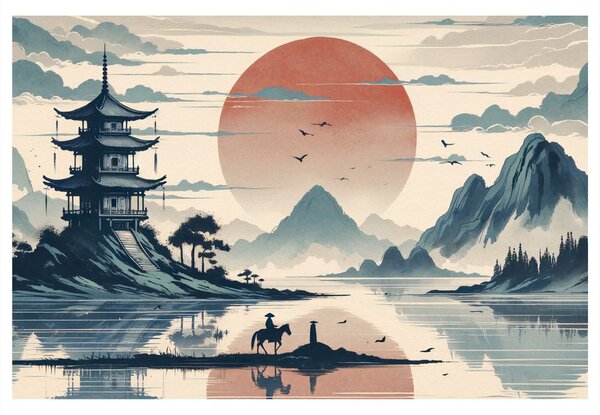 Quadro su tela – Paesaggio giapponese con cavaliere