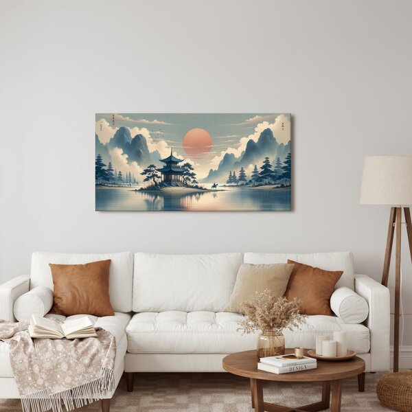 Quadro su tela – Cavaliere vicino a pagoda tra le montagne